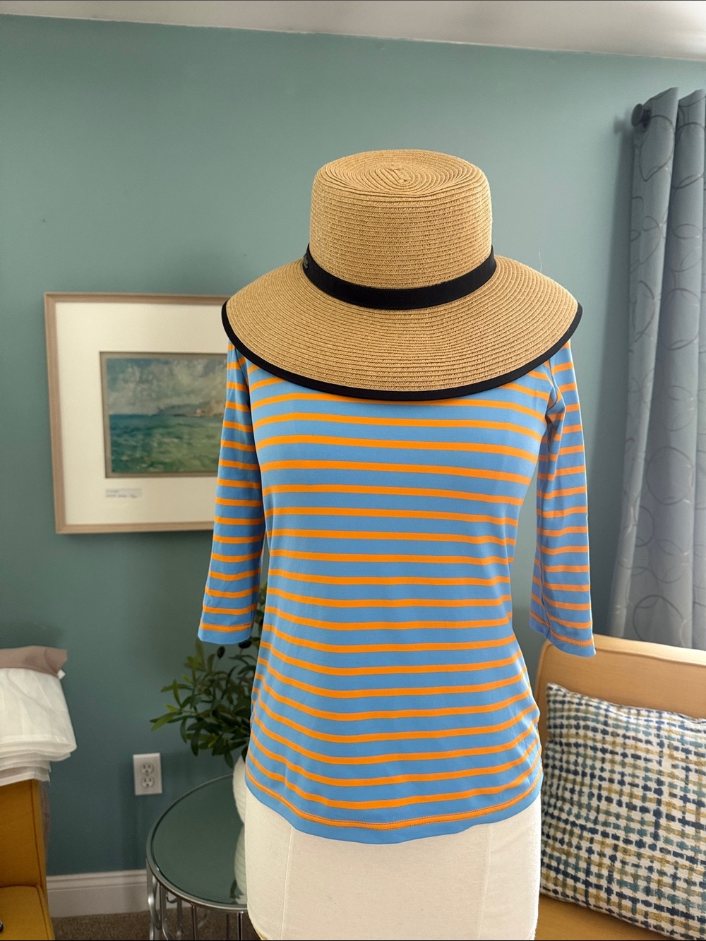 Saint James France Striped Blue & Orange 3/4 Sleeve Top Size SMALL